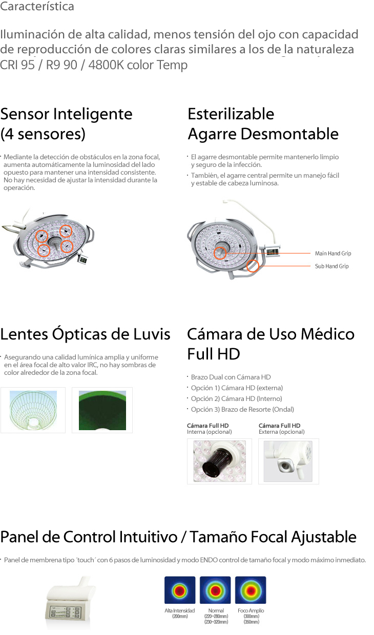 Característica

				Iluminación de alta calidad, menos tensión del ojo con capacidad 
				de reproducción de colores claras similares a los de la naturaleza

				CRI95 / R9 90 / 4800K color Temp

				Sensor Inteligente
				(4 sensores)

				Mediante la detección de obstáculos en la zona focal, 
				aumenta automáticamente la luminosidad del lado 
				opuesto para mantener una intensidad consistente. 
				No hay necesidad de ajustar la intensidad durante la 
				operación.

				Esterilizable
				Agarre Desmontable

				El agarre desmontable permite mantenerlo limpio 
				y seguro de la infección.

				También, el agarre central permite un manejo fácil 
				y estable de cabeza luminosa.

				Lentes Ópticas de Luvis

				Asegurando una calidad lumínica amplia y uniforme 
				en el área focal de alto valor IRC, no hay sombras de 
				color alrededor de la zona focal.

				Cámara de Uso Médico 
				Full HD

				Brazo Dual con Cámara HD
				Opción 1) Cámara HD (externa)
				Opción 2) Cámara HD (Interno)
				Opción 3) Brazo de Resorte (Ondal)

				Cámara Full HD
				Interna (opcional)

				Cámara Full HD
				Externa (opcional)

				Panel de Control Intuitivo / Tamaño Focal Ajustable

				Panel de membrena tipo ´touch´ con 6 pasos de luminosidad y modo ENDO control de tamaño focal y modo máximo inmediato.

				Alta Intensidad  Normal  Foco Amplio